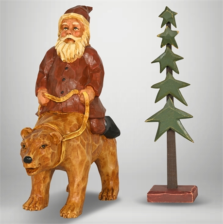 13" Folk Santa on Bear & Tree