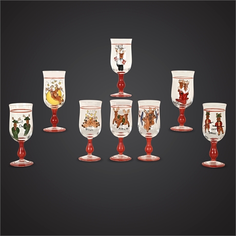 Pottery Barn “Rainbow Mountain” Reindeer Goblets, Set of 8