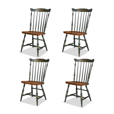 L. Hitchcock Green & Gilt Fan-Back Windsor Side Chairs, Set of 4