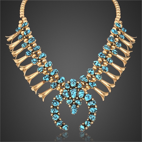 Navajo 14K Gold & Turquoise Squash Blossom Necklace, Signed W.T.