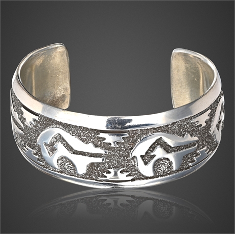 Randy Hoskie Navajo Sterling Silver Tufa Cast Bear Cuff Bracelet