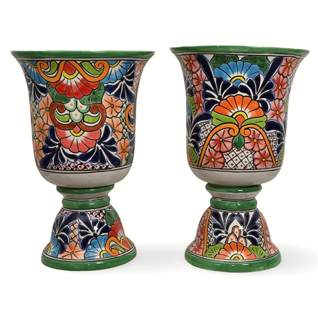 Pair of Large Hand-Painted Talavera Ceramic Urns, 22" Tall, Mexico