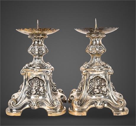 Pair of Monumental .750 Silver Altar Candlesticks — German, Signed, 19th C.
