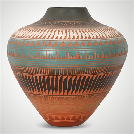 Timothy Watchman Navajo Etched Pottery Vase – 12.5″ × 13″, Signed