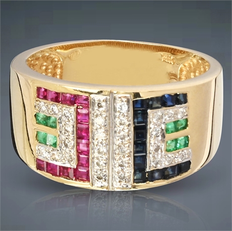 14K Multi-Gemstone Ring with Diamonds, Rubies, Sapphires, and Emerald