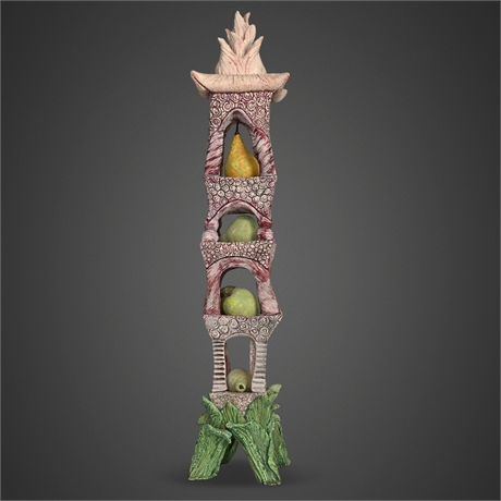 Suzanne Kane Signed Ceramic Tower Sculpture with Fruits, 2001
