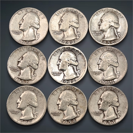 1943 - 1954 (9) Washington Silver Quarters