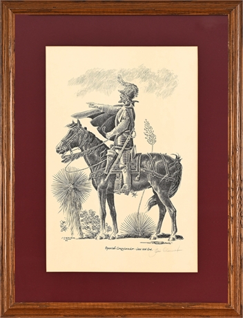 José Cisneros "Spanish Conquistador — Late 16th Cent." Signed Pen & Ink Print