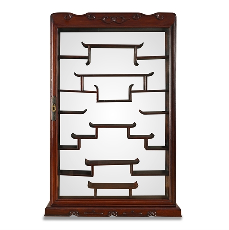 Chinese Rosewood Curio Display Cabinet with Mirrored Back & Curved-End Shelves