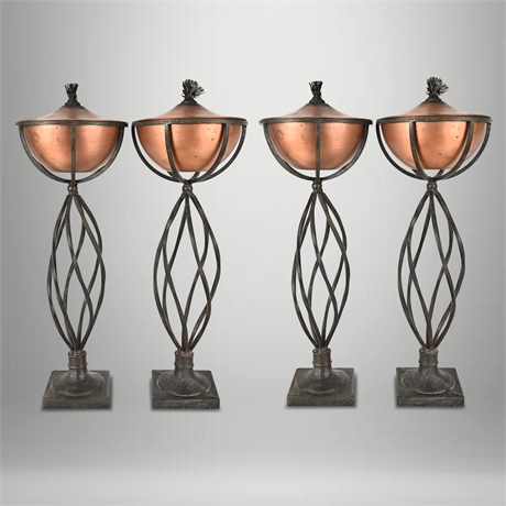 Set of Four Wrought Iron & Copper Patio Oil Lamps – 22"