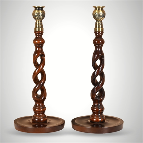 15" Pair Refined Barley Twist Wood Candlesticks with Brass Thistle Tops