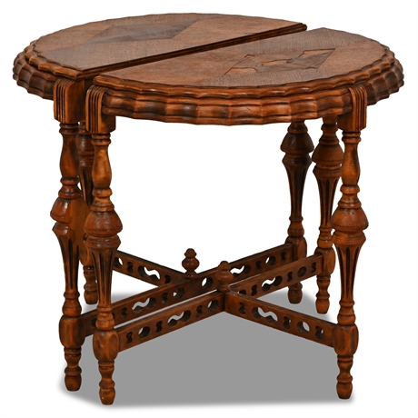 For Restoration: Pair Antique Inlaid Demilune Side Tables