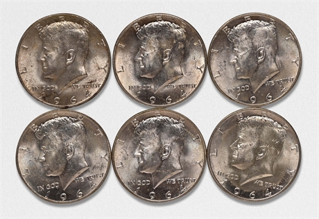 1964 (6) Kennedy Silver Half Dollars