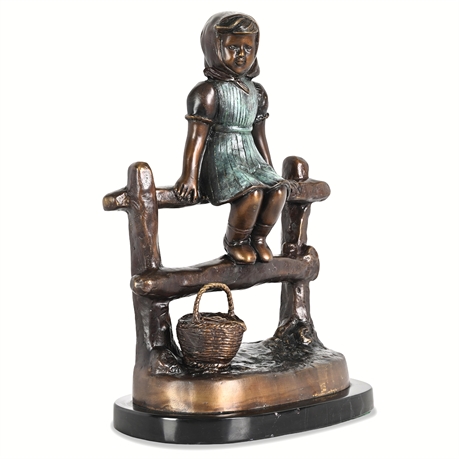 Bronze Girl on Fence Sculpture, Verdigris Patina — "CH M Art," Marble Base