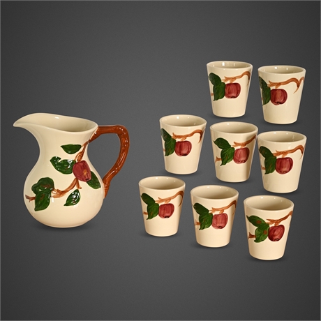 Franciscan Apple Pattern Ceramic Pitcher & 8 Tumblers, USA