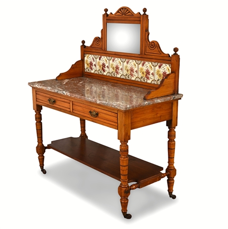 Victorian Marble-Top Washstand with Beveled Mirror & Floral Tile Backsplash