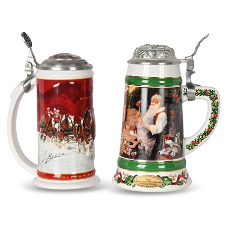 Budweiser & Norman Rockwell Holiday Lidded Stein Pair w/ COA