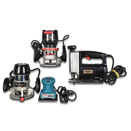 (4) Power Tool Lot – Craftsman Routers, Jigsaw & Makita Finishing Sander