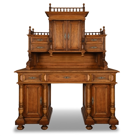 Attributed to Zdzieblowski, 1893 Oak Desk & Bookcase — 10 Drawers, 2 Keys
