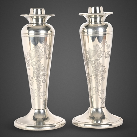 Wedgwood Silver Plate Candlesticks Floral Engraved Pair England