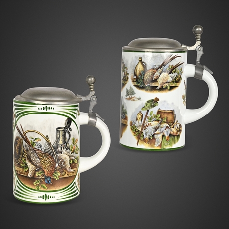 Pair of Heinz Schrobenhausen Bavarian Porcelain Hunt Scene Steins with  Lids