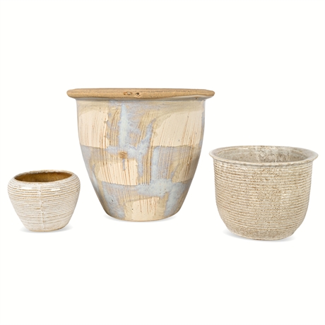 Studio Pottery Trio – Signed Planter & Ribbed Vessels, Contemporary Handmade