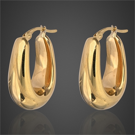 18K Yellow Gold Hollow Oval Hoop Earrings — 750, MDIS, Italy
