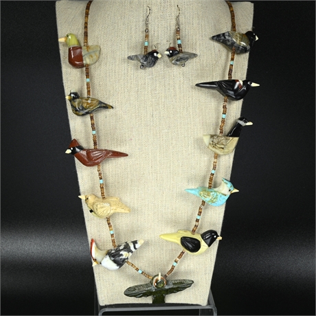 Unusual Zuni Bird Fetish Necklace & Earring Set