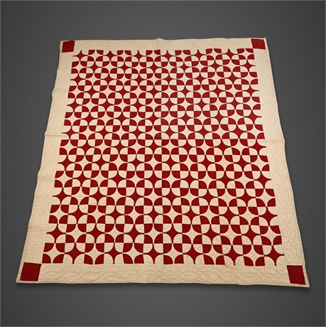 Antique Red & White Drunkard's Path Quilt on Archer Brand Feed Sack Backing
