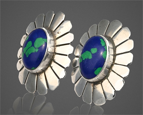 Vintage Sterling Silver Azurite Clip-On Earrings Signed “Jay”