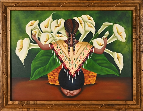 Girl with Calla Lilies Oil Painting – 2002, Carved Pine Frame