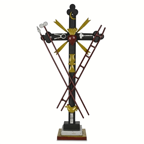 Painted Steel Arma Christi Cross with Sacred Heart, Rooster & Ladders