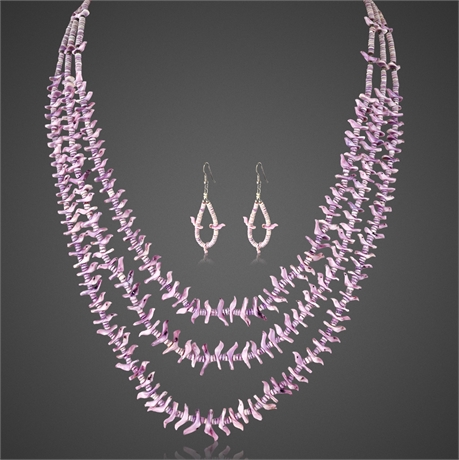 Zuni Purple Spiny Oyster Bird Fetish Necklace & Earrings Set, 3-Strand, c.1970s