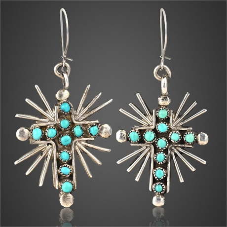 Zuni Sterling Silver Turquoise Snake Eye Cross Earrings