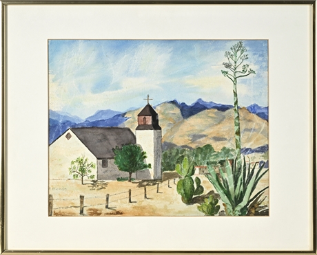 M. Reede Original Watercolor – Southwest Mission Scene, Framed 16" x 20"