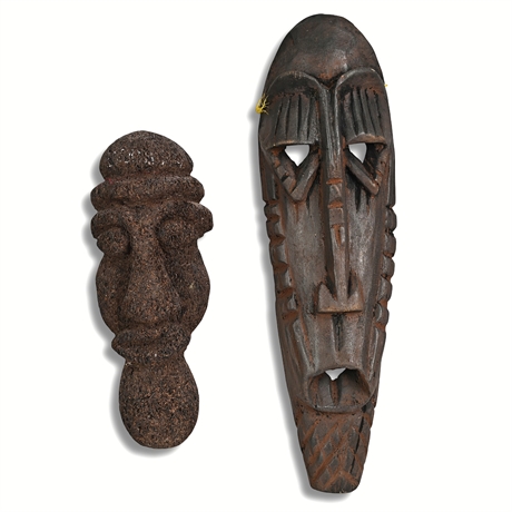 Hand-Carved Wood Mask & Fernwood P'naret Gable Ornament, Pair