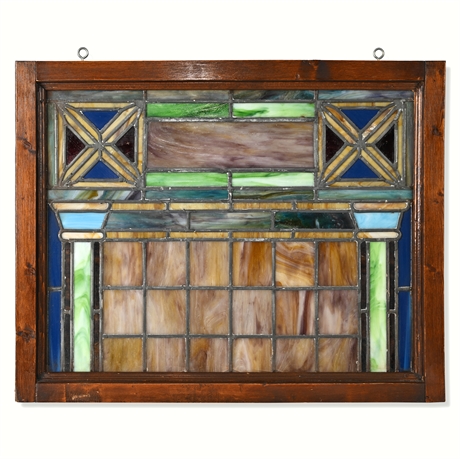 Arts & Crafts Stained Glass Panel — Thick Wood Frame, Early 20th c.