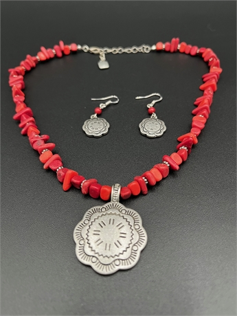 CORAL AND SILVER NECKLACE AND EARRING SET
