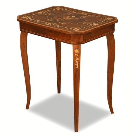Italian Marquetry Inlaid Music Box Table with Reuge "Love Story" Swiss Movement