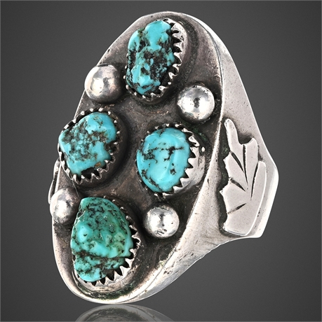 1960s–70s Navajo Sterling Silver Ring with Natural Turquoise Cluster, Size 10