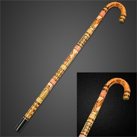 Hand Carved & Painted Folk Art Crook Walking Stick with Figural Imagery