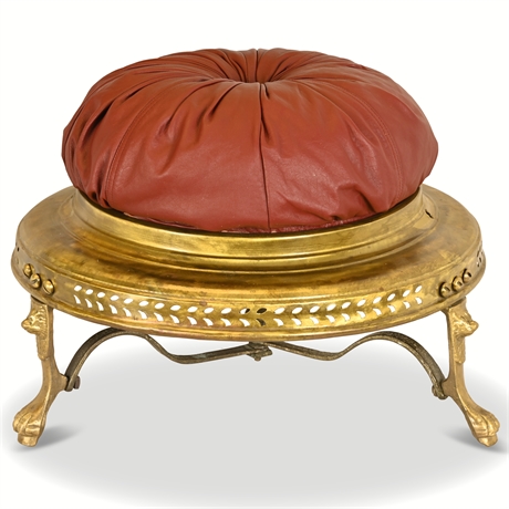 Victorian Brass Footstool with Removable Red Leather Cushion