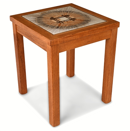 Danish Teak Side Table — Hand-Painted Tile Top