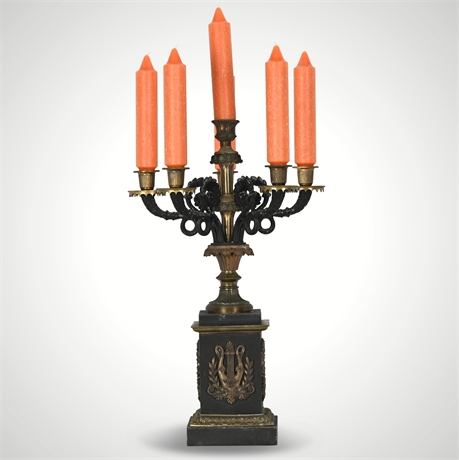 19th Century French Charles X Bronze Column Form Five-Arm Candelabra