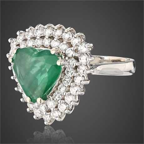 14K White Gold Heart Emerald & Diamond Ring – 3.98ctw, AIGL Appraised $13,675