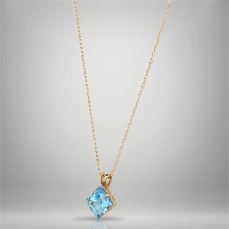 14K Yellow Gold CID Signed Necklace with Blue Topaz Pendant, 16" Chain