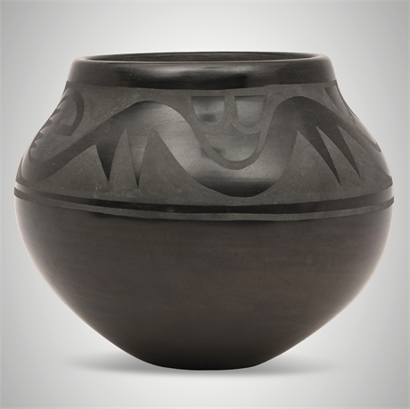 Helen Gutierrez San Ildefonso Blackware Jar with Avanyu Design, Signed