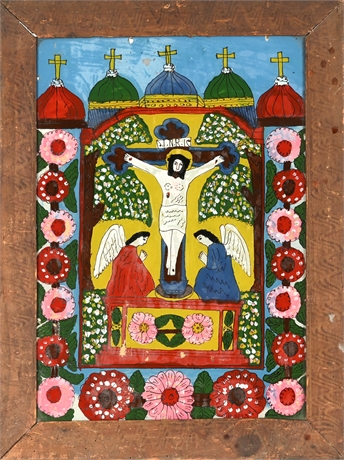 Vintage Reverse Glass Painted Retablo, Christ Crucifixion, Rustic Wood Frame