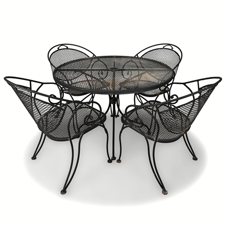 Vintage Wrought Iron Patio Set — Table & 4 Armchairs, Mesh Top