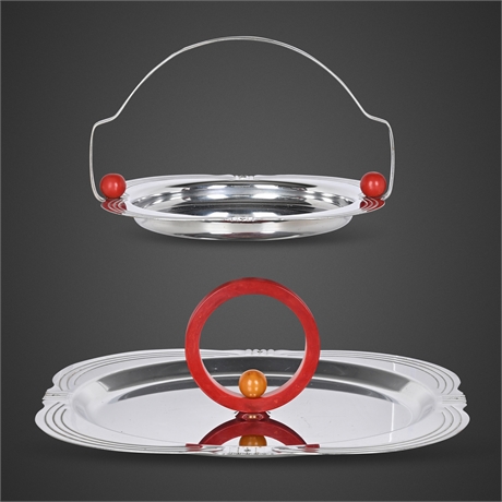 Art Deco Chrome & Bakelite Serving Set, Handled Basket & Sandwich Tray
